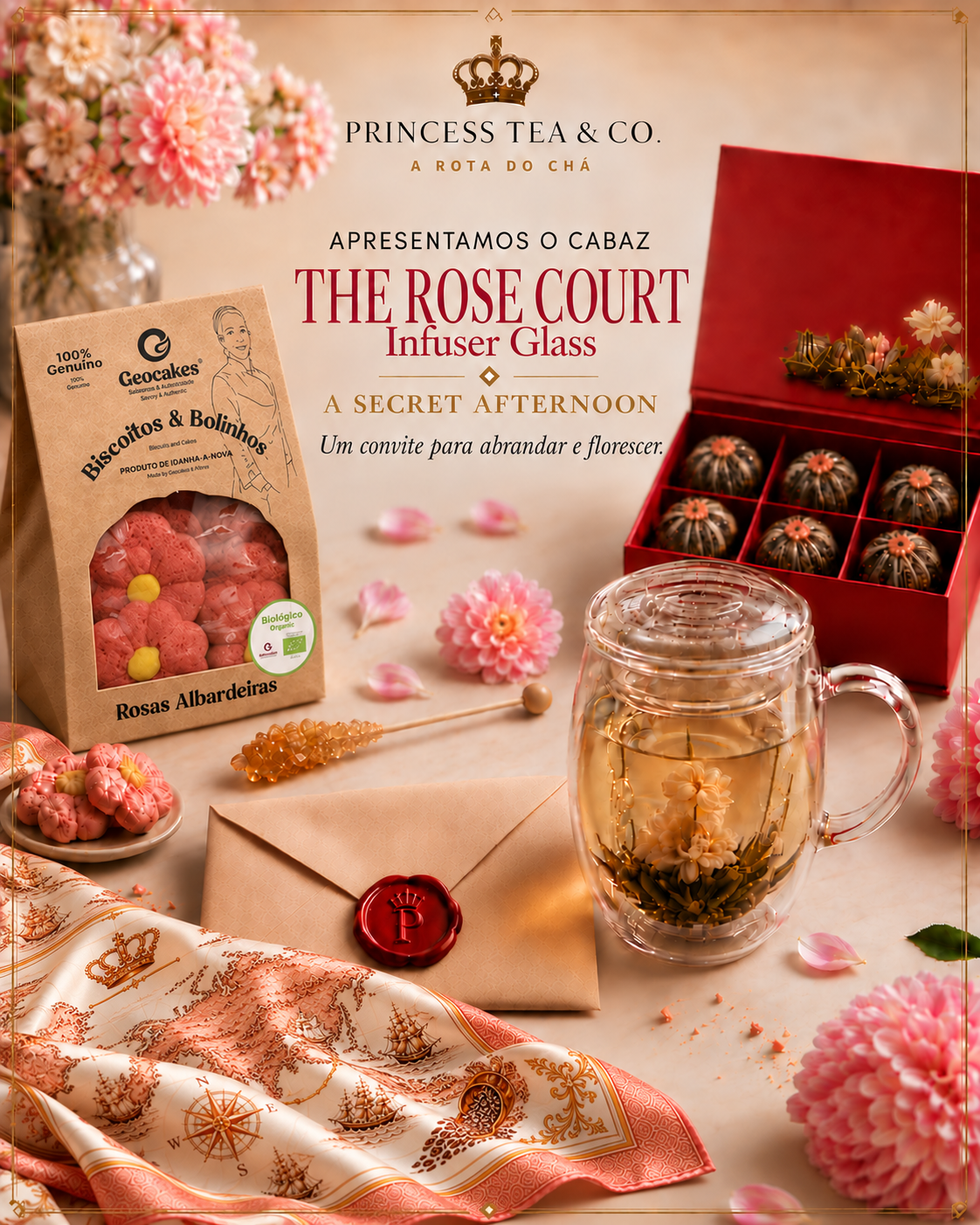 The Rose Court - Flores de Chá com Caneca de Vidro