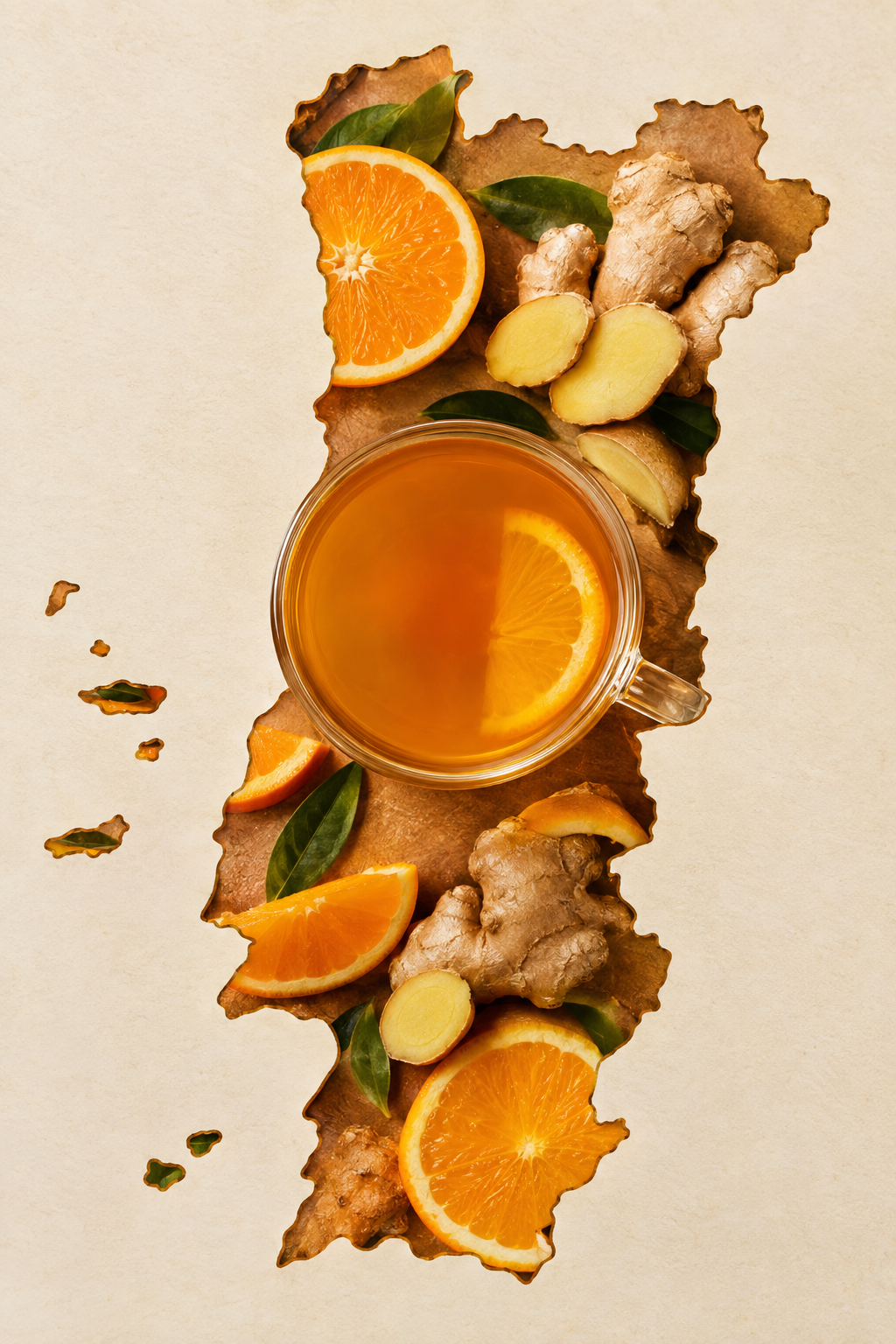 Mapa de Portugal feito com ingredientes de tisana com fatias de laranja e gengibre, decorado com folhas verdes.