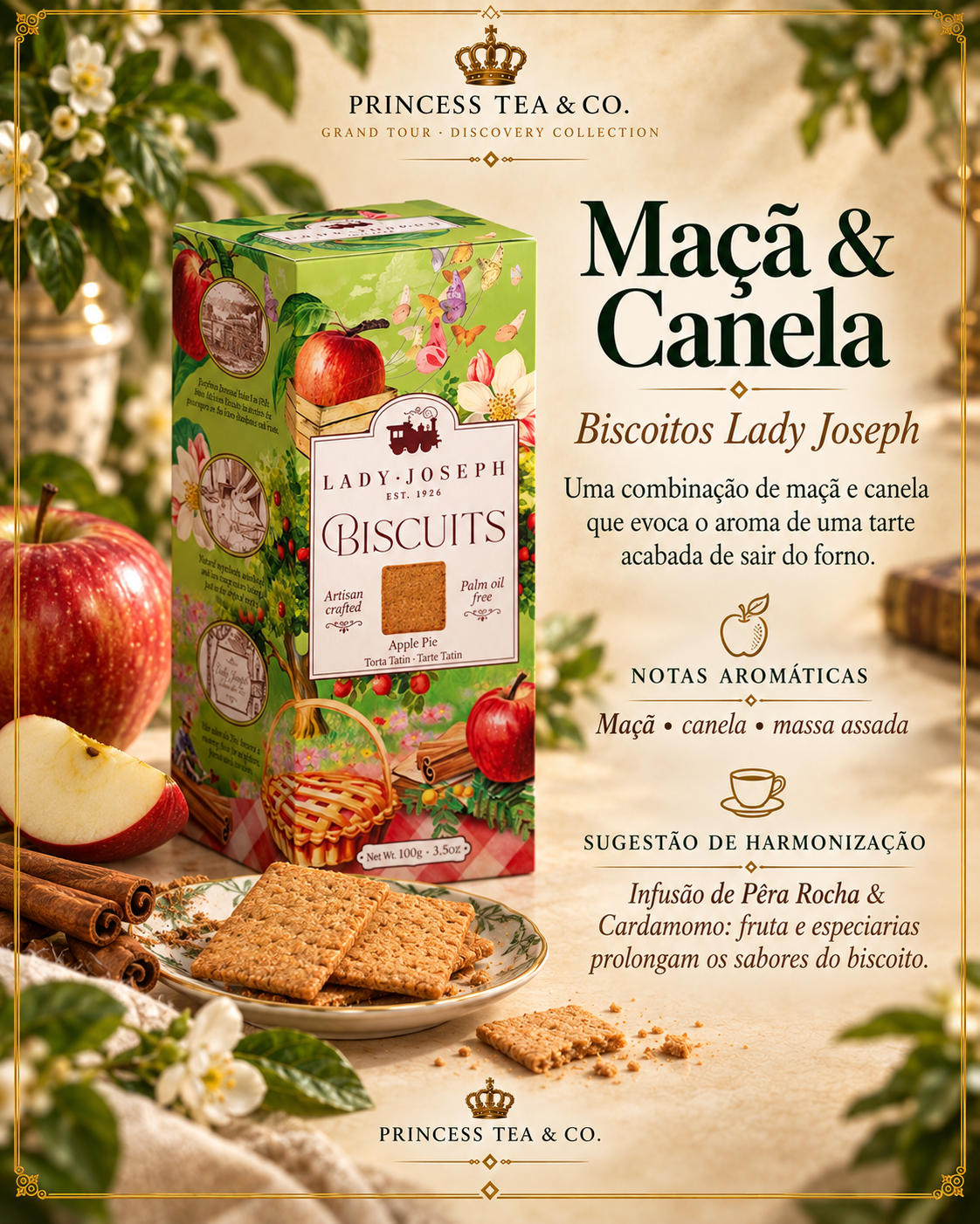 Biscoitos de Maçã e Canela Lady Joseph, apresentados com a embalagem ilustrada, maçãs e paus de canela.