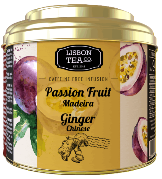 Lata de infusão de Maracujá e Gengibre da Lisbon Tea Co., sem cafeína, com tampa dourada.