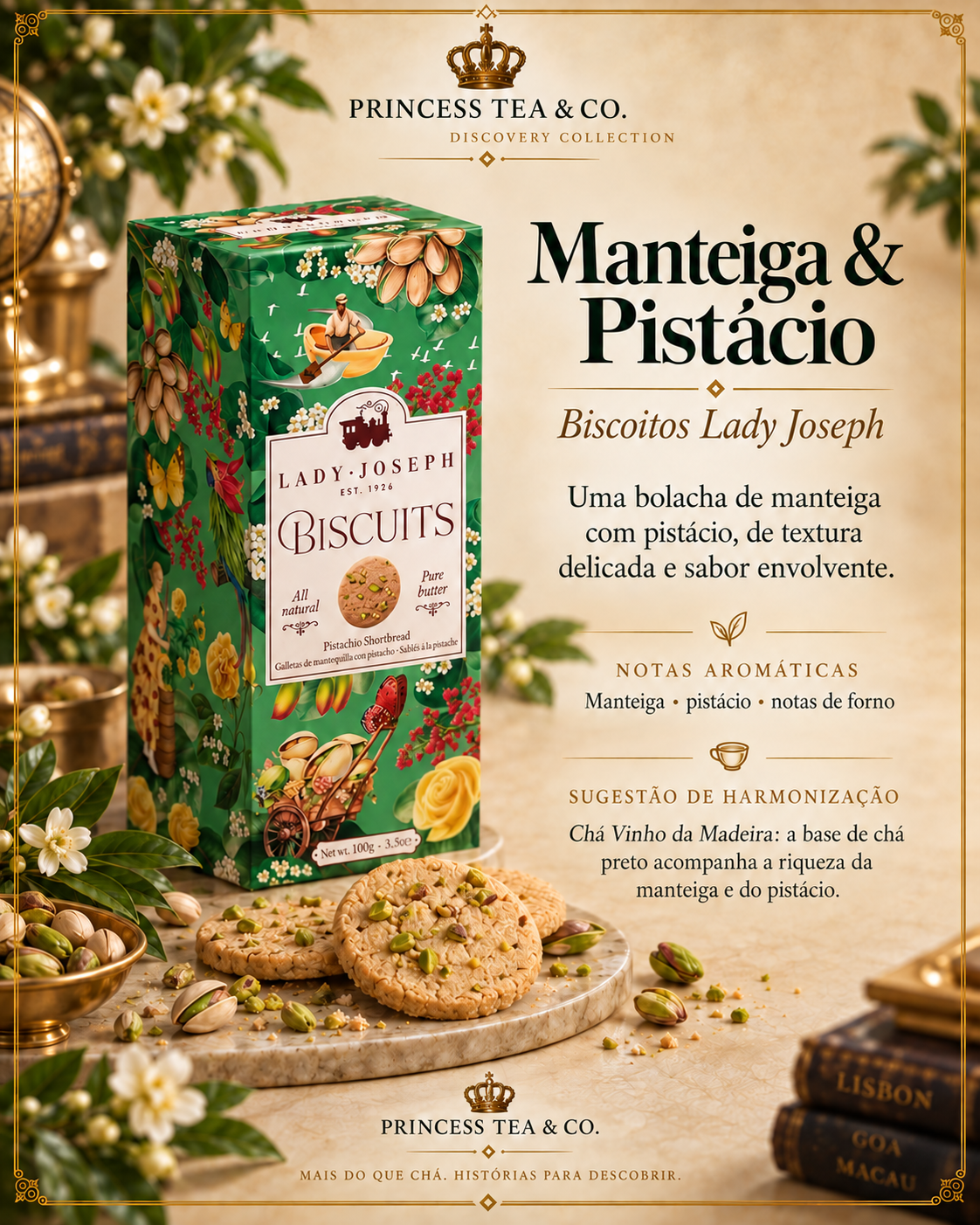 Biscoitos de Manteiga e Pistácio Lady Joseph, com embalagem verde ilustrada, biscoitos e pistácios, numa apresentação em português.