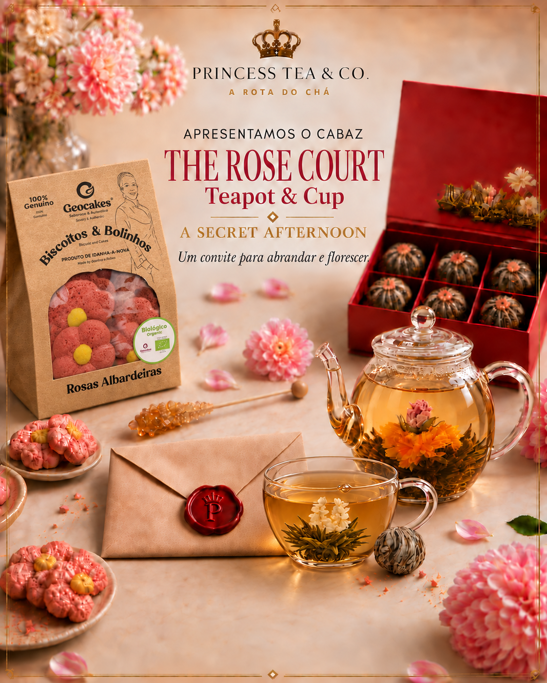 Banner promocional com produtos de chá e doces decorados em tons rosados e dourados, incluindo uma caixa de chocolates, uma garrafa de chá, uma xícara de chá e um envelope selado com lacre de cera vermelha.
