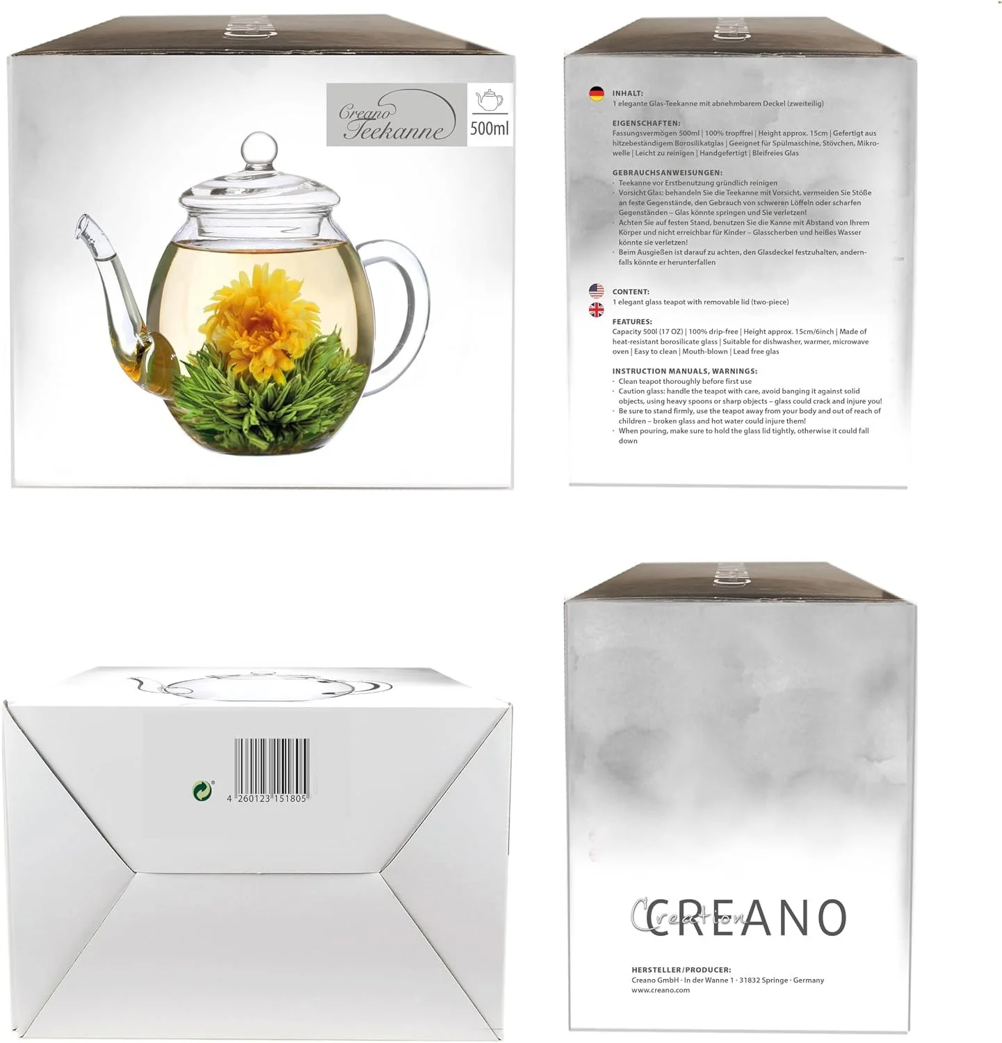 Diferentes vistas da embalagem do bule de vidro Creano, com imagem de uma flor de chá em infusão e informações do produto.