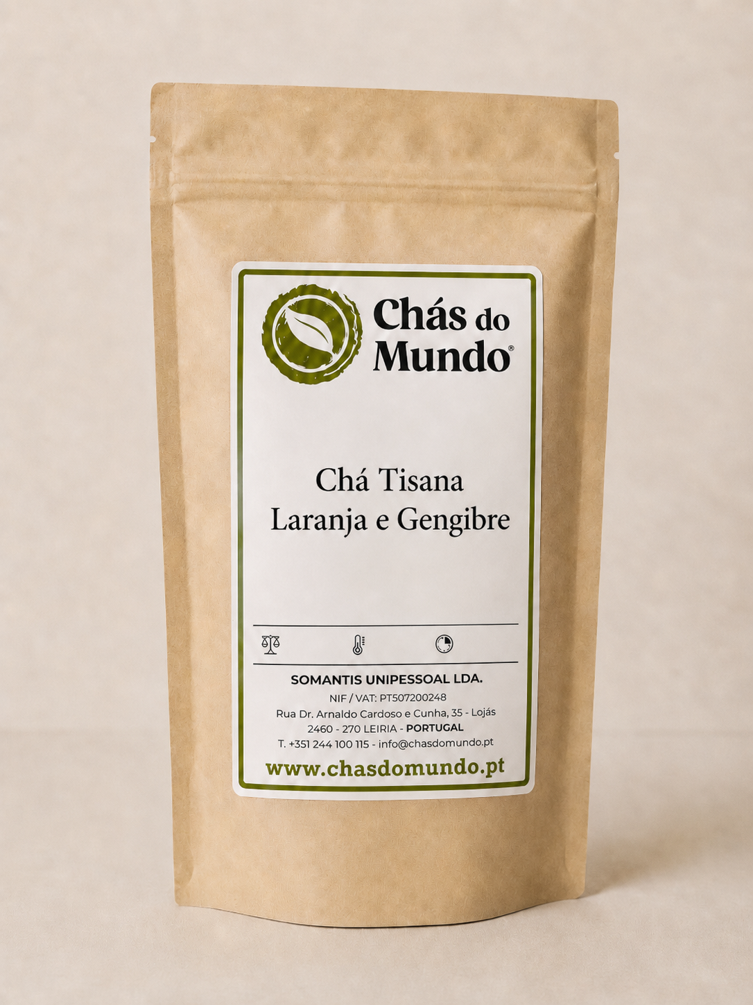 Embalagem de Tisana de Laranja e Gengibre.