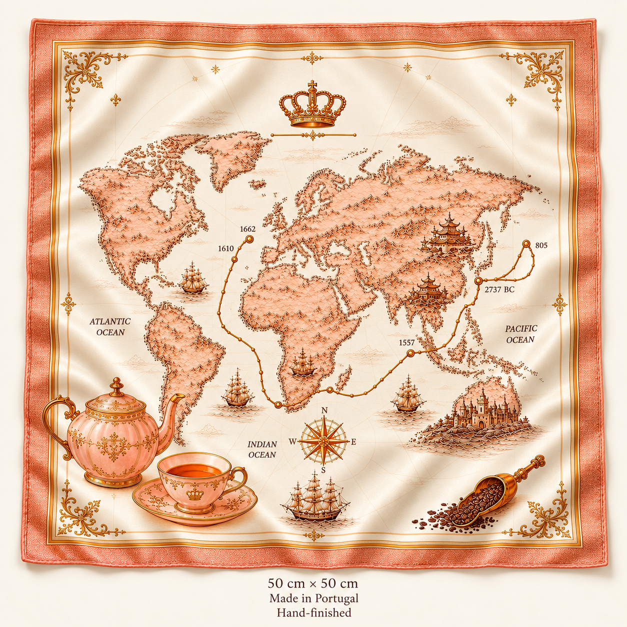 Lenço Blossom de cetim, 50 × 50 cm, com mapa-múndi decorativo, coroa e motivos de chá em tons rosa e dourado.
