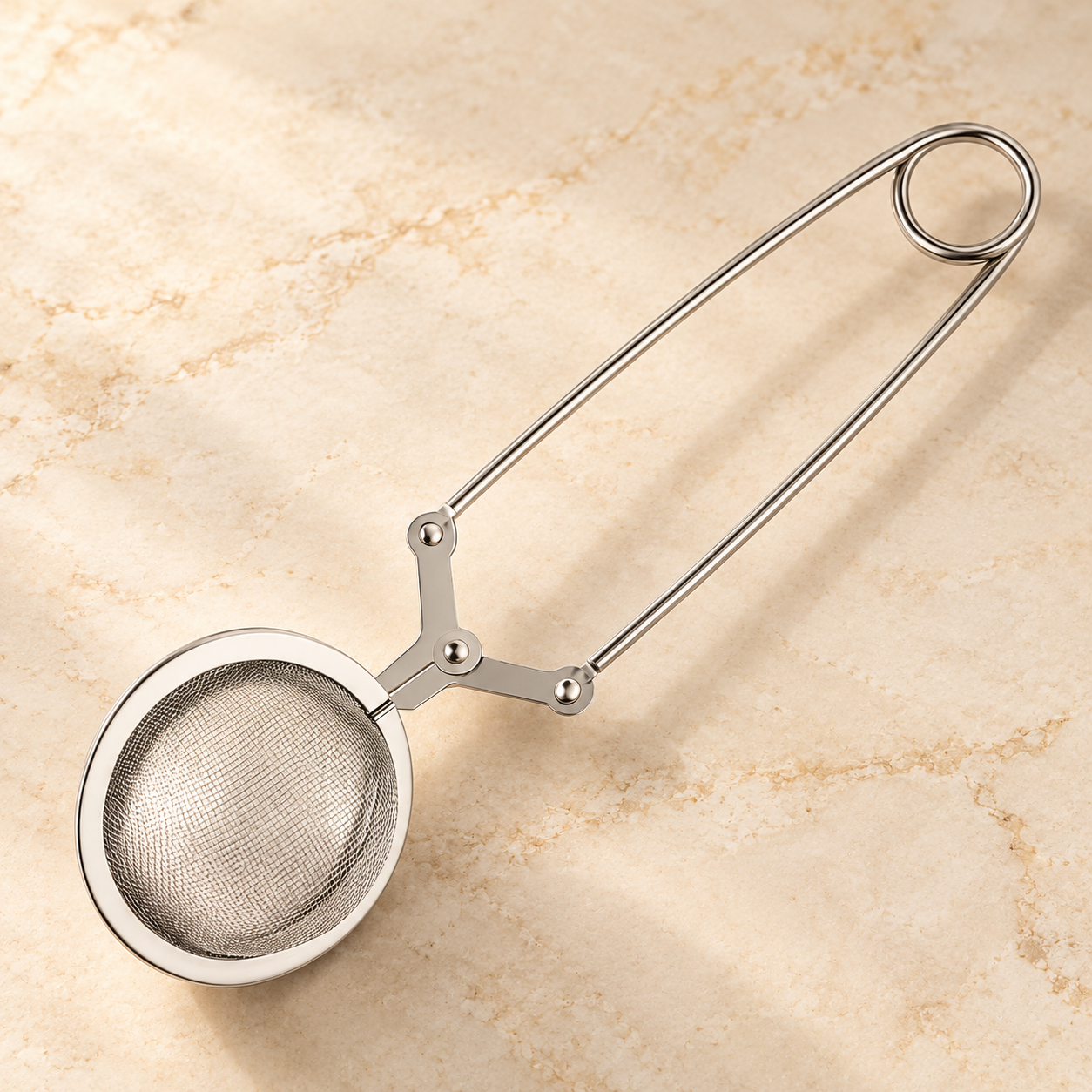 Infusor de chá inox tipo pinça com esfera de rede metálica.