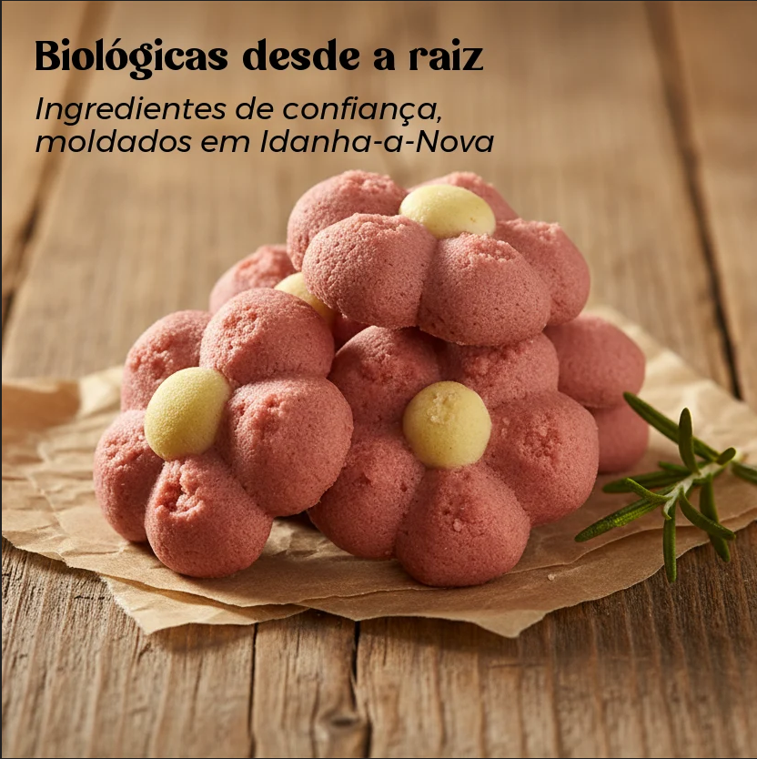 Pormenor dos biscoitos biológicos Rosas Albardeiras da Geocakes, em forma de flor, com pétalas cor-de-rosa e centros amarelos.