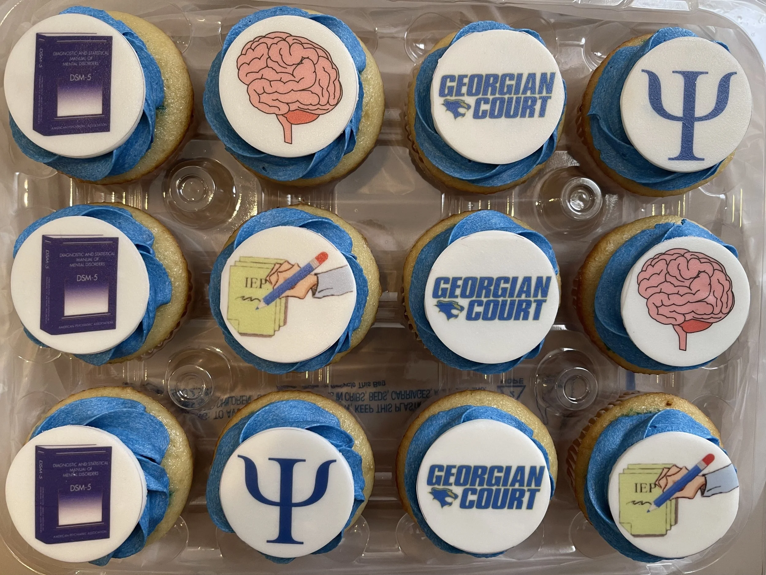 A box of cupcakes decorated with University of Georgia themes, featuring logos, a brain, a stack of books and a pencil, and a DSM-5 textbook.
