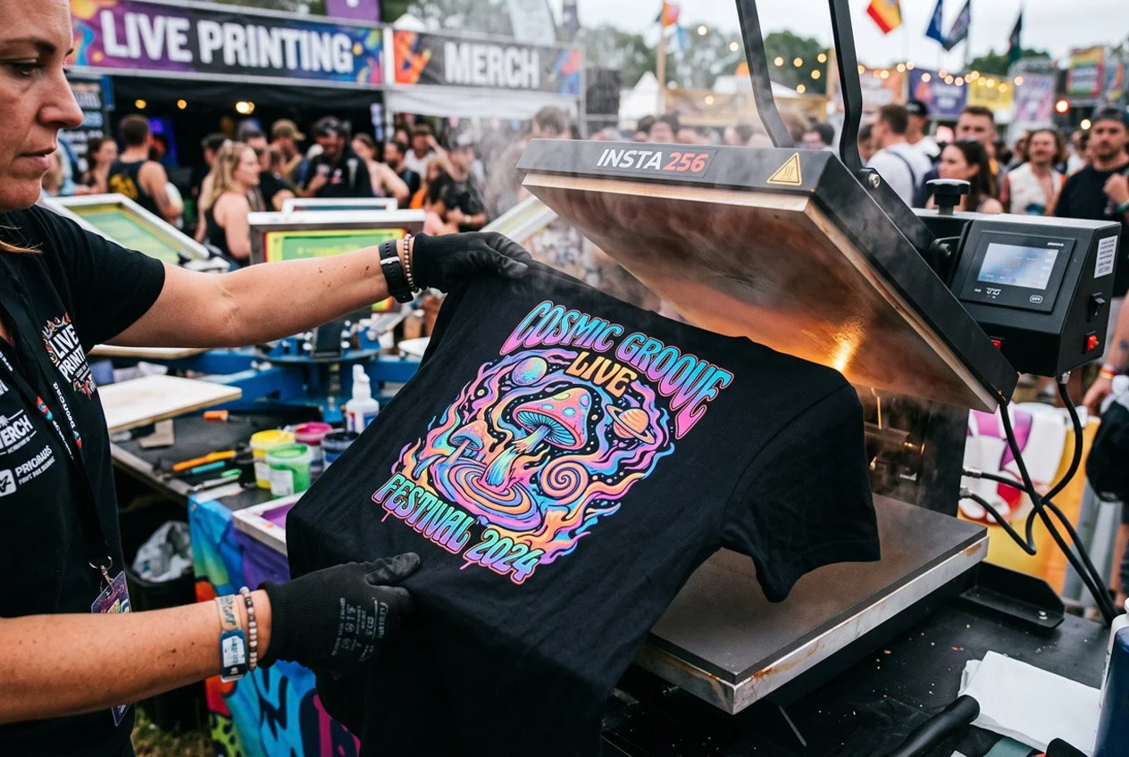 A person is heat pressing a black T-shirt with colorful, psychedelic graphics and text that reads 'Cosmic Groove Live Festival 2024,' at a crowded outdoor event. The press machine is labeled 'Insta 256,' and there are people and vendor booths in the 
