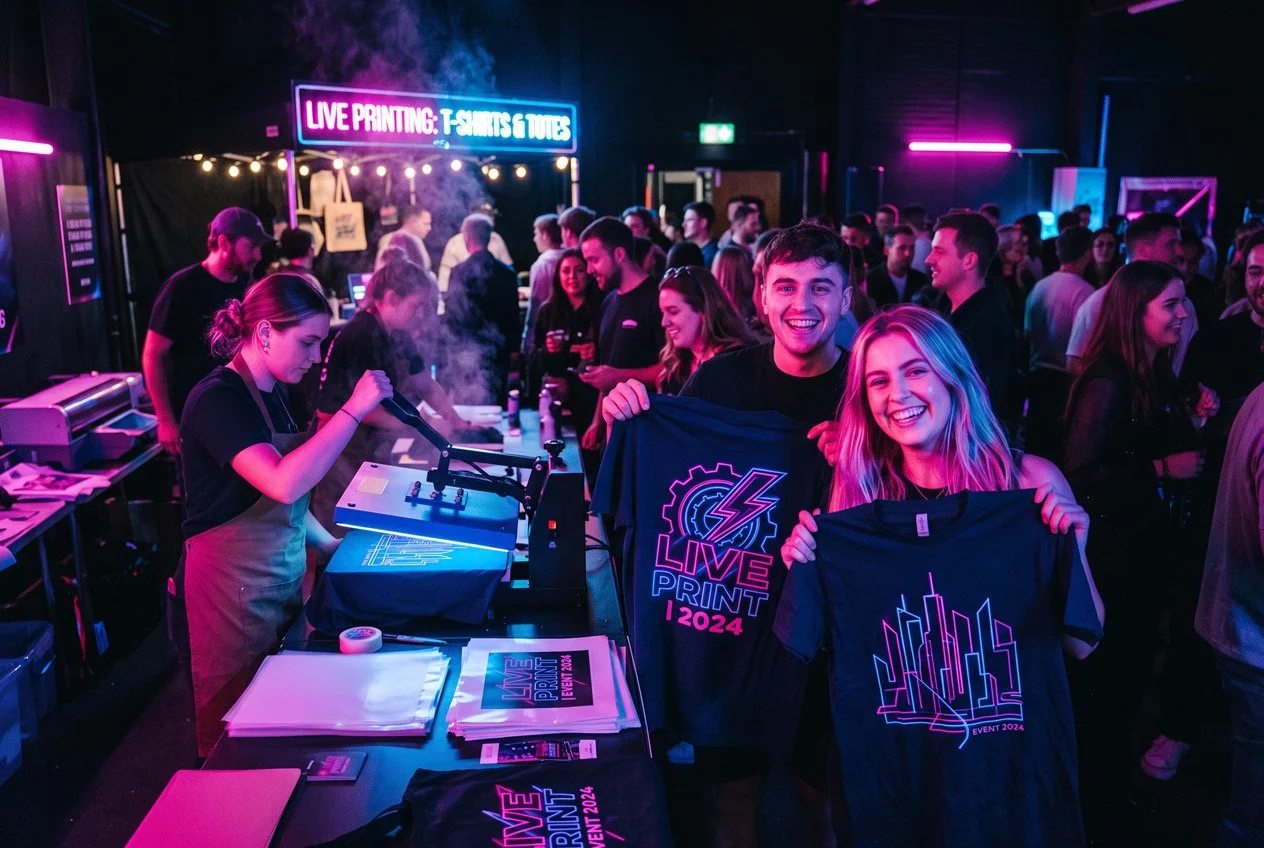 Two people smiling and holding T-shirts in front of a crowd at a live printing event with neon signs and printing equipment.