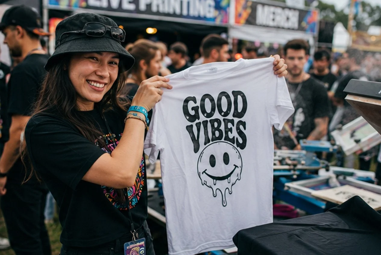 A woman smiling and holding a white t-shirt with a smiley face and the words 'Good Vibes' written above it at an outdoor event with a crowd in the background.