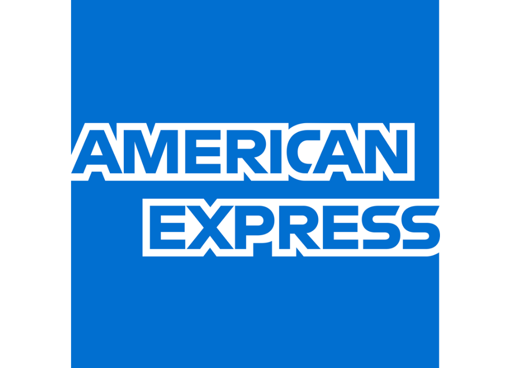 American Express logo with blue background and white text.