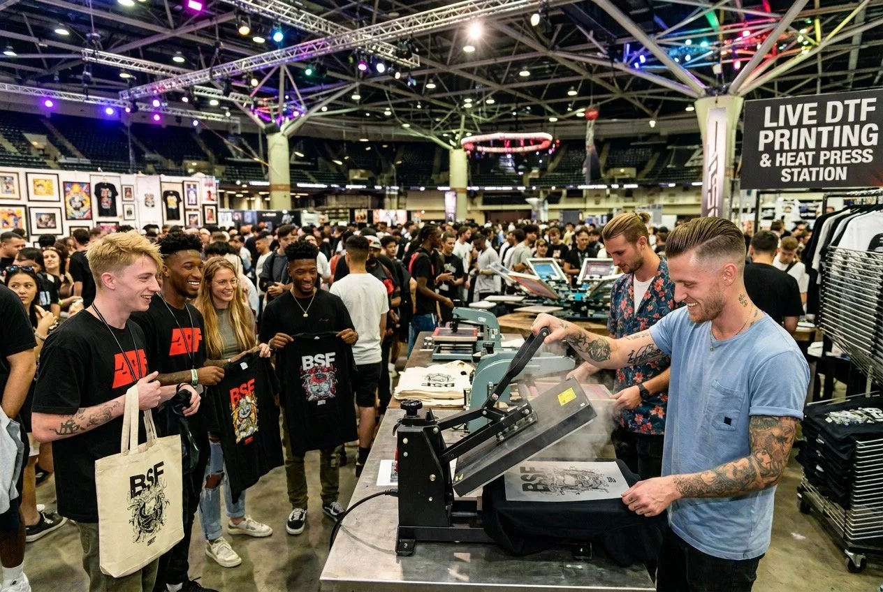 Crowd of people at a convention or event, with some vendors selling merchandise like T-shirts, and printers producing prints, visible under a large sign that reads 'LIVE DTF PRINTING & HEAT PRESS STATION.'