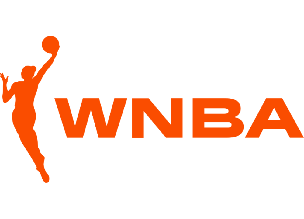 WNBA logo featuring an orange silhouette of a female basketball player holding a ball to the left of the letters 'WNBA' in orange, all on a black background.