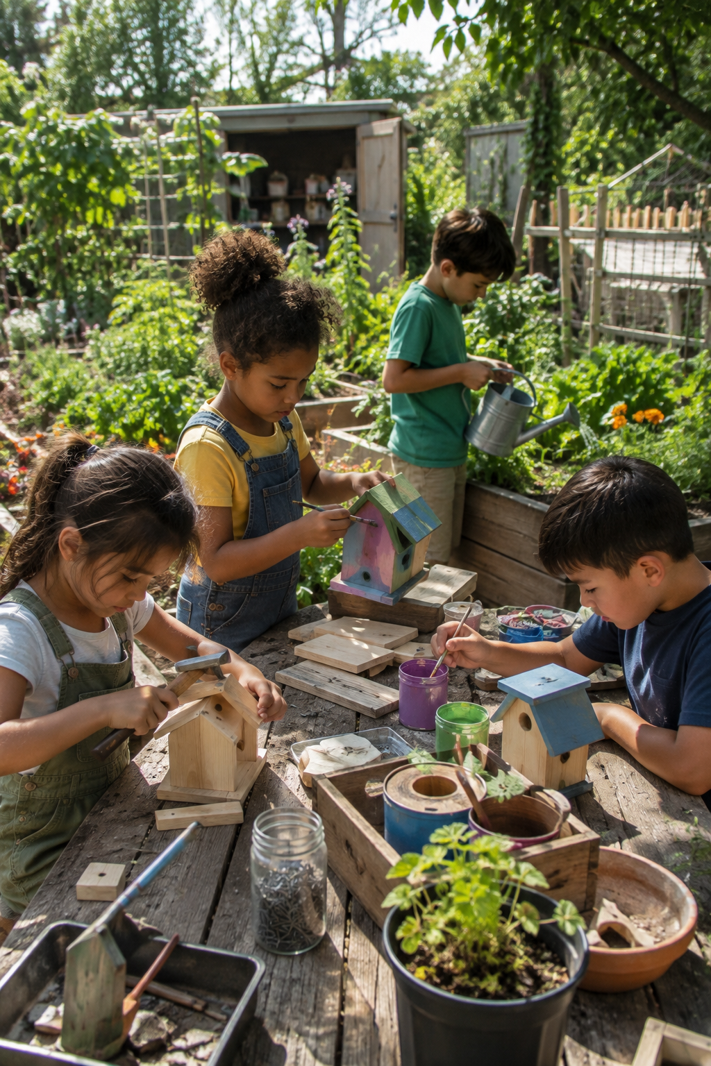 Children painting and assembling birdhouses outdoors in a garden during daytime.