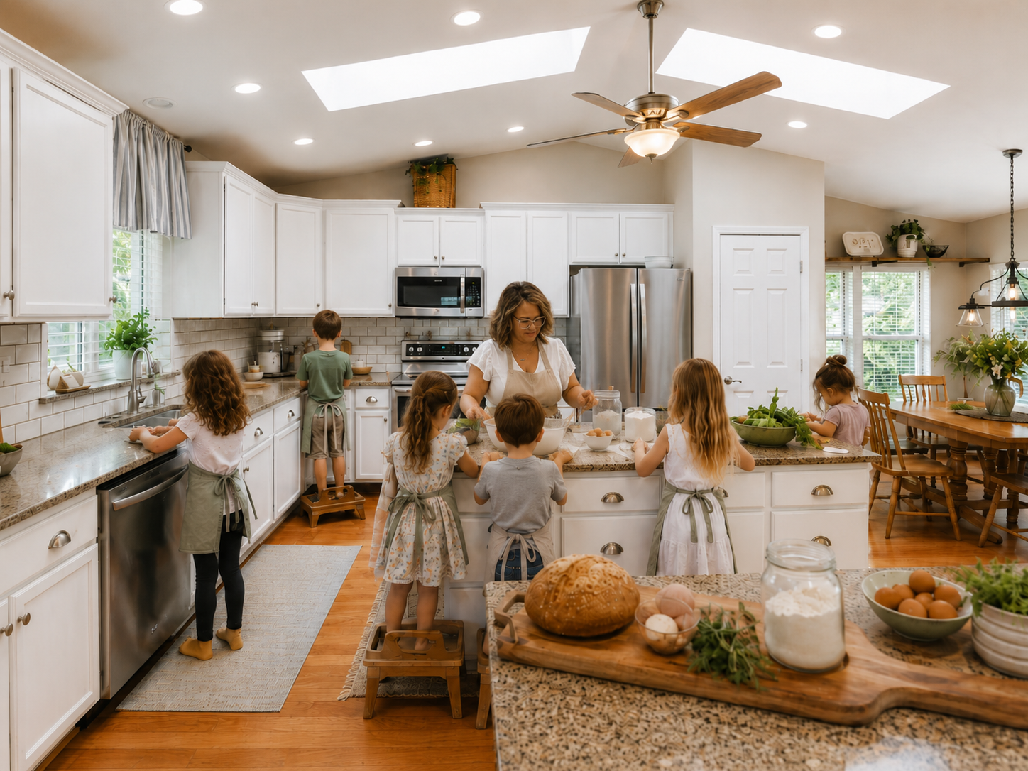 A woman and six children in a bright, spacious kitchen preparing food together. The kitchen has white cabinets, a stainless steel refrigerator, microwave, and oven, with large windows and skylights letting in natural light. The children are wearing aprons and are engaged in baking or cooking activities around the kitchen island.