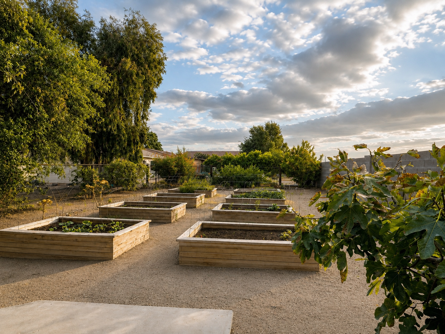 Raised garden beds in a backyard garden during late afternoon or early evening, with trees and clouds in the sky.
