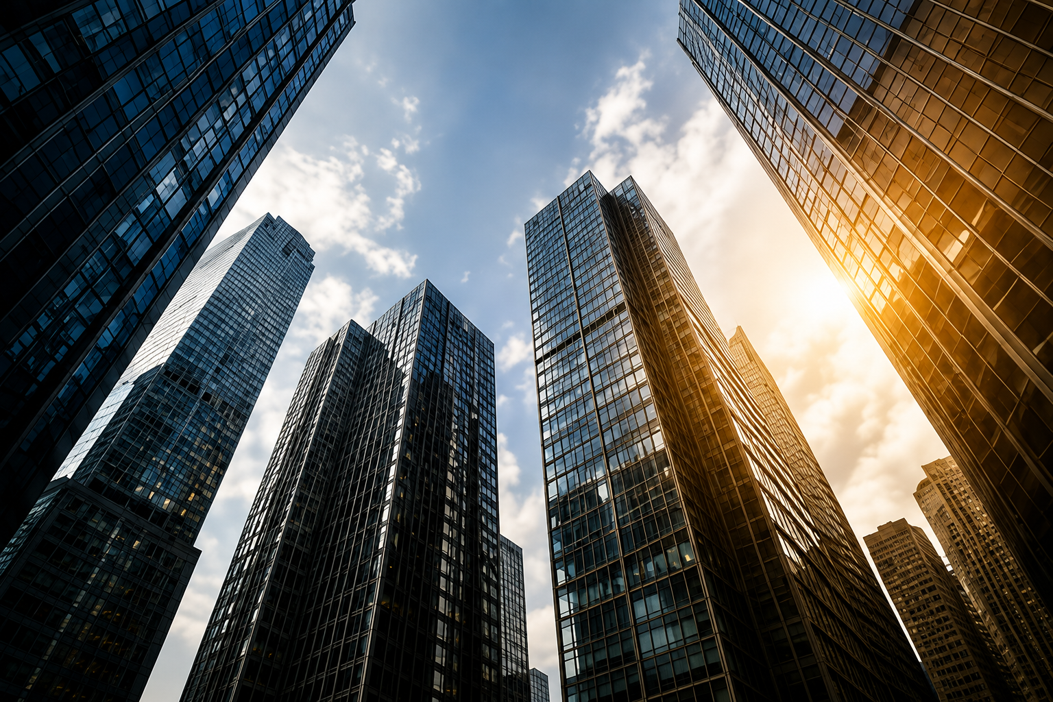 Modern glass skyscrapers representing growth, ambition, and long-term vision