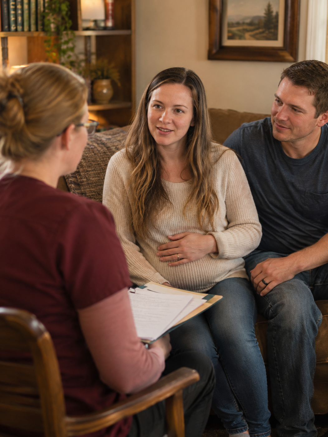 A couple talking with a woman holding a clipboard during a counseling or therapy session in a cozy living room.