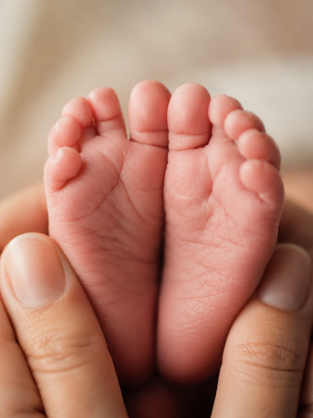 Close-up of a tiny infant hand held by an adult hand.