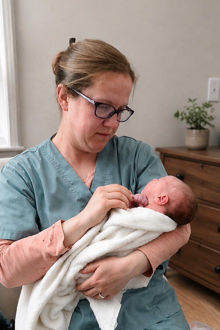 A woman in scrubs holding a newborn baby wrapped in a white blanket.