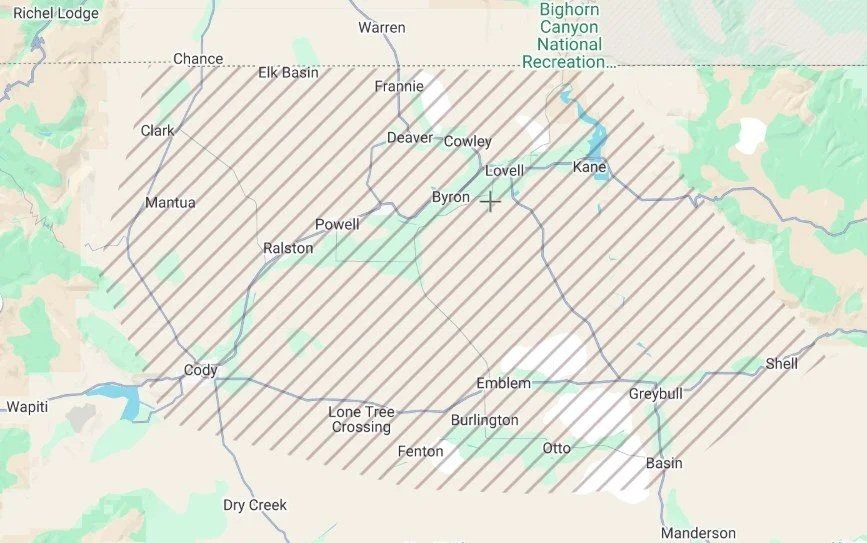 Map showing Maven Midwifery's home birth service area across Wyoming's northern Big Horn Basin, including Lovell, Powell, Cody, Greybull, Basin, and surrounding communities.