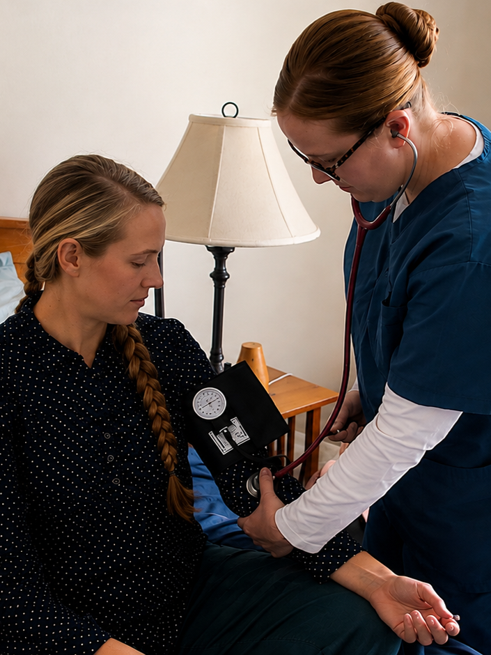 A nurse checking a patient's blood pressure in a bedroom.
