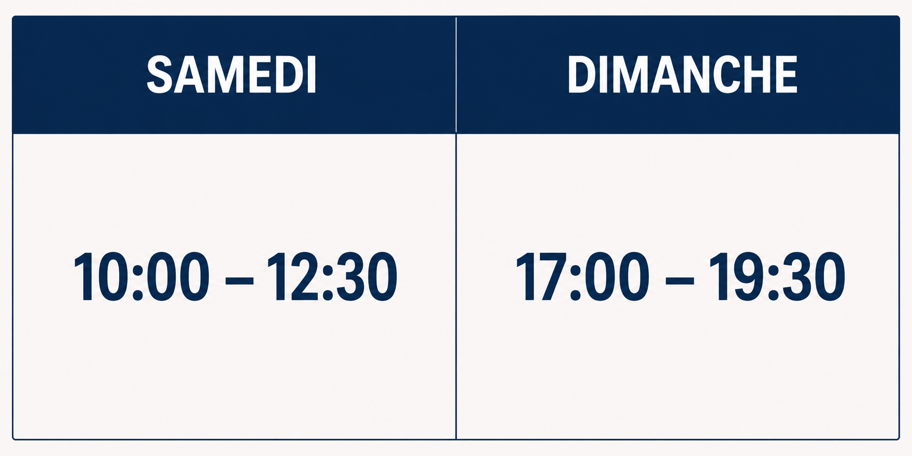Schedule with hours for Saturday and Sunday: Saturday from 10:00 to 12:30, Saturday from 17:00 to 19:30.