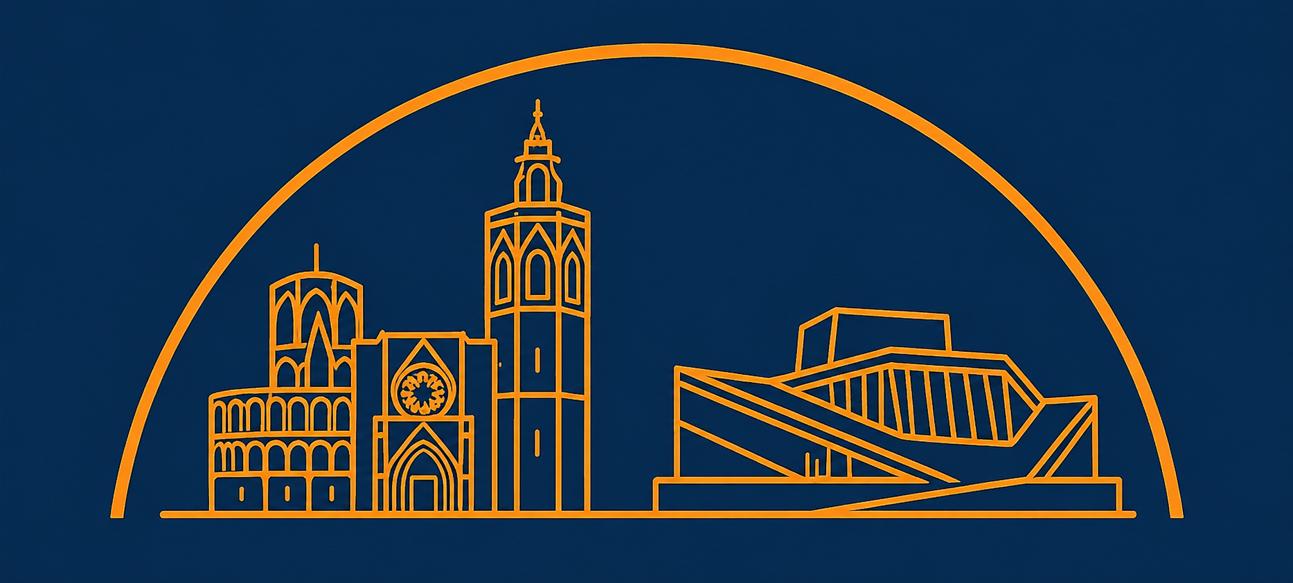 Outline drawing of iconic buildings and a structure in a city skyline, with a large orange arch overhead, on a dark blue background.