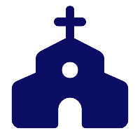Simplified blue silhouette of a church with a cross on top.