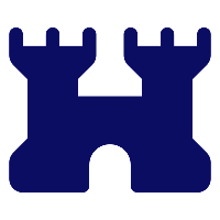 Silhouette of a blue castle with two towers and an archway in the center.