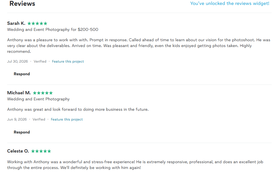 Screenshot of online reviews section with three reviews, each with five-star ratings, praising a photographer named Anthony for wedding and event photography services. Reviewers mention professionalism, friendliness, responsiveness, and overall positive experiences.