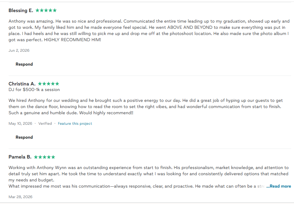 Screenshot of positive customer reviews praising Anthony for photography, DJ services, and event planning, with star ratings and dates of service.