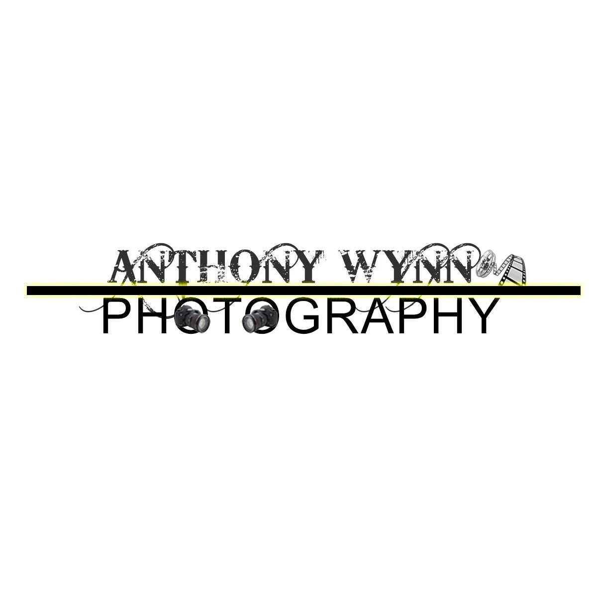 Logo for Anthony Wynn Photography with stylized text, a black underline, film strips, and camera lenses