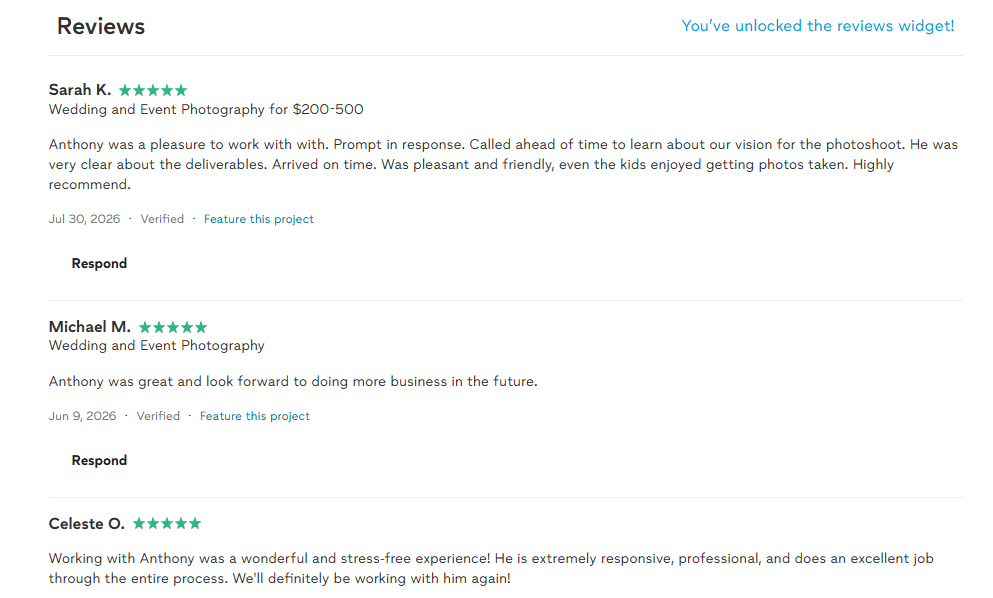 Screenshot of three positive reviews for a wedding and event photography service, with star ratings and comments from clients.
