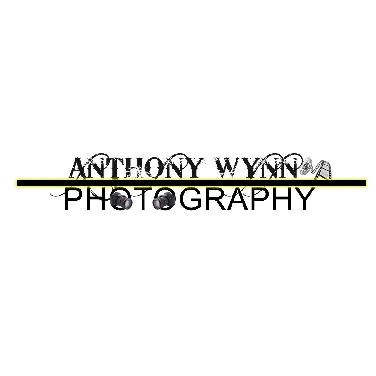 Logo for Anthony Wynn Photography with black text, a yellow line, and optical equipment graphics.