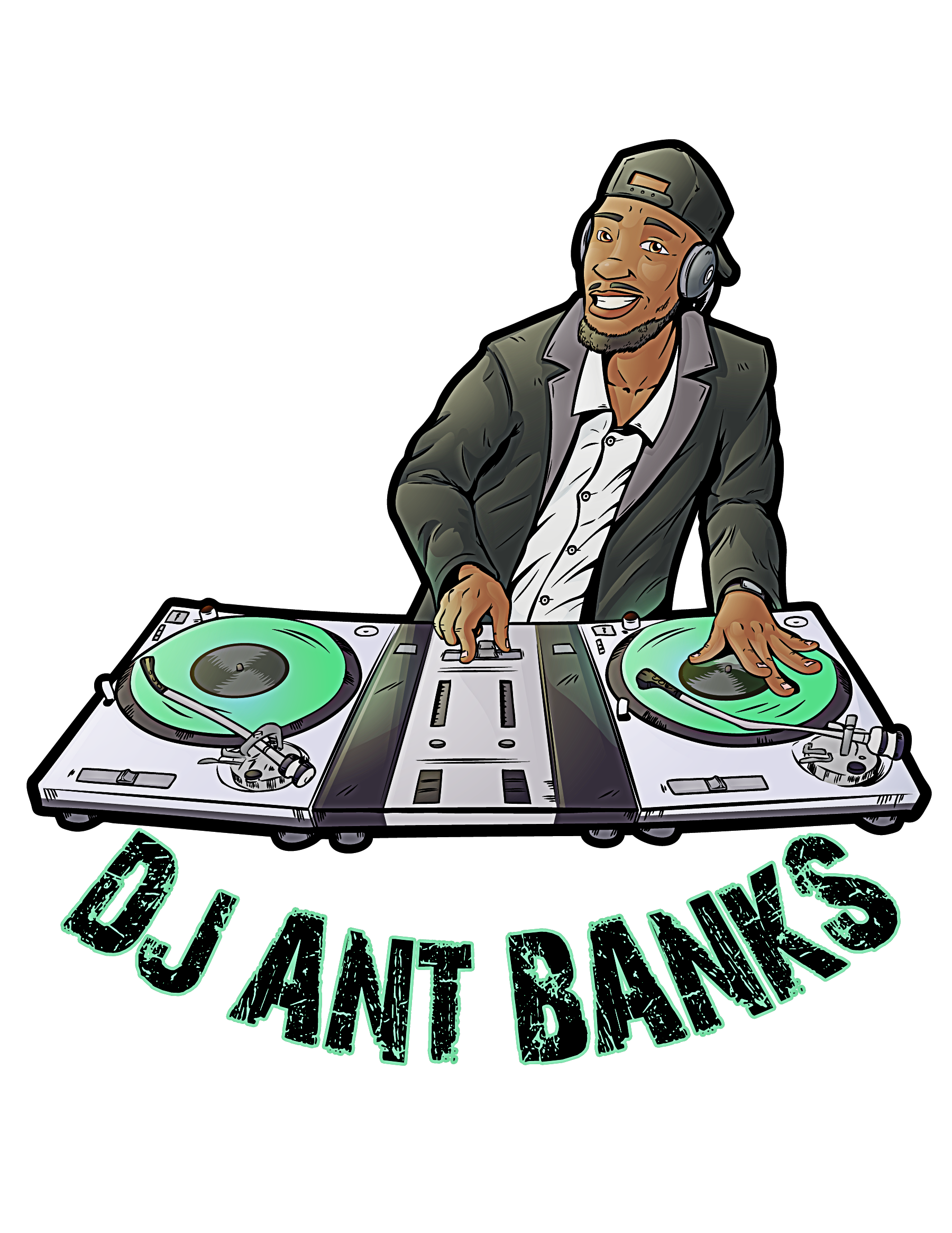 A cartoon DJ smiling and wearing headphones, standing behind a DJ mixer with green turntables and a banner that reads 'DJ FLATBINO' in colorful letters.