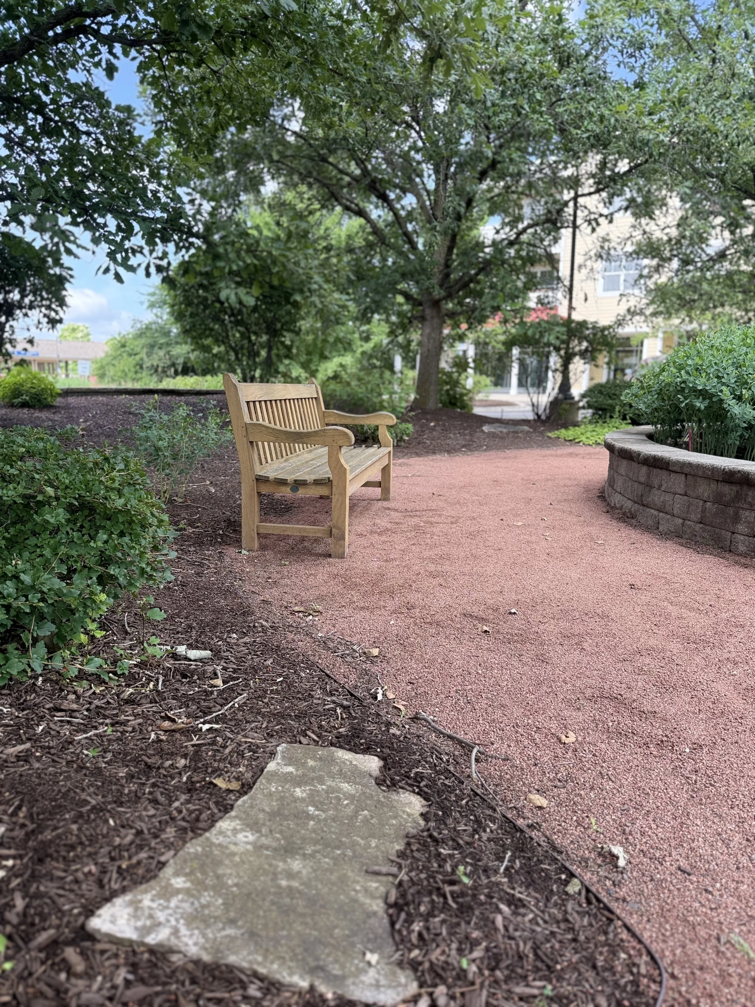 A park scene with a wooden bench on a gravel pathway surrounded by green shrubs and trees, with a multi-story building in the background.