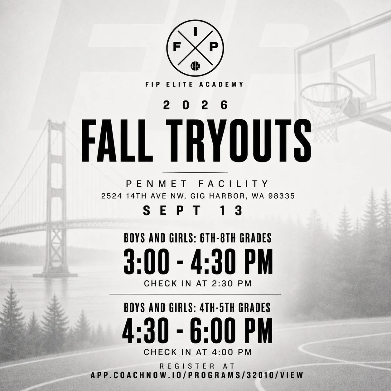 🚨 FIP ELITE ACADEMY TRYOUTS 🚨

The beginning of something new in Gig Harbor 🏀

FIP Elite Academy is officially hosting its first-ever tryouts September 13! Come compete, learn about FIP, and earn your spot as we begin building the FIP family.

📍 