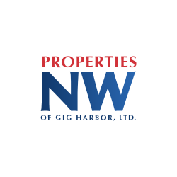 Logo for Properties NW of Gig Harbor, Ltd., with 'PROPERTIES' in red above 'NW' in large blue and white letters, and 'OF GIG HARBOR, LTD.' in smaller blue text below.