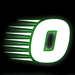 Green and white stylized letter 'O' with motion lines on a black background
