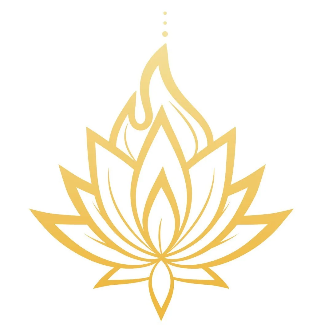 Gold outlined lotus flower with flames emerging from the top, on a white background.