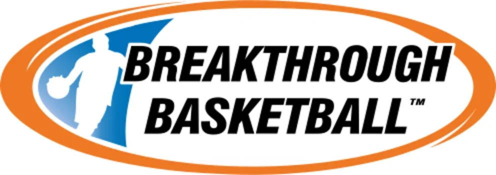 Logo for Breakthrough Basketball featuring a silhouette of a basketball player dribbling, with a blue and white background and black text outlined in orange.