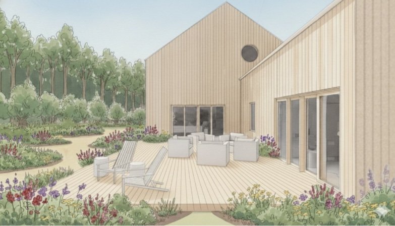 RENDERING, REAR DECK & GARDEN