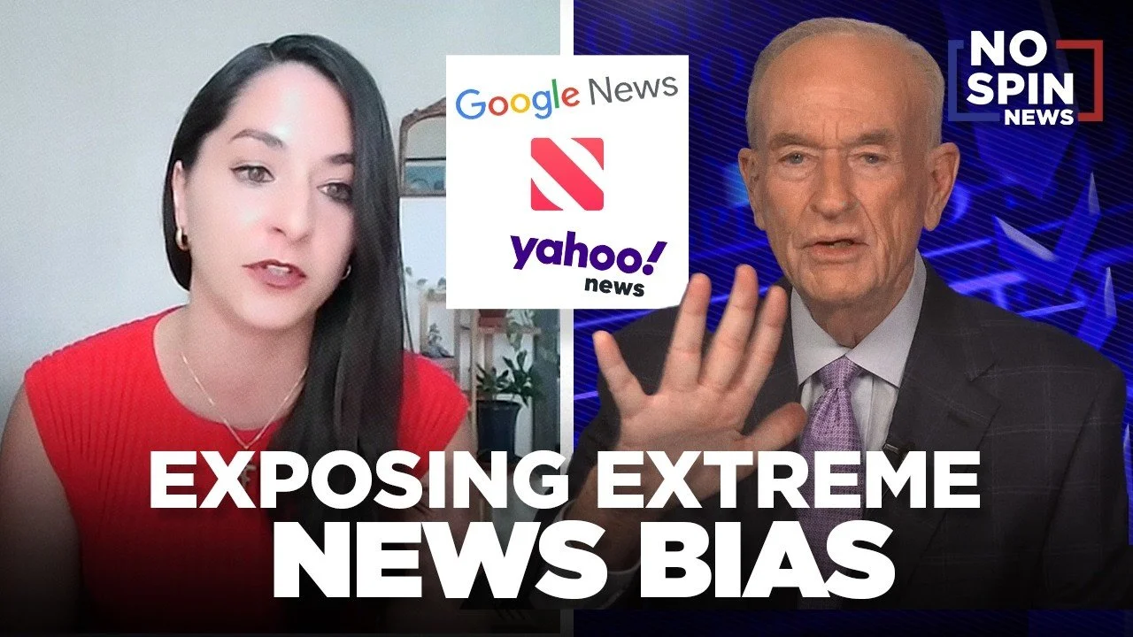 Split screen of a woman in a red top on the left and an older man in a suit on the right, with logos of Google News and Yahoo News in the center, and the text 'Exposing Extreme News Bias' at the bottom, with a 'No Spin News' logo in the top right corner.