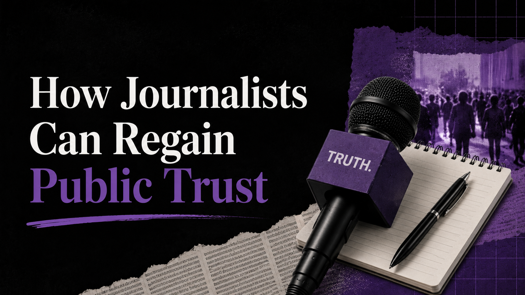Title says 'How Journalists Can Regain Public Trust', with a microphone labeled 'TRUTH', a notepad, a pen, and a torn newspaper, and a background image of a crowd of people.