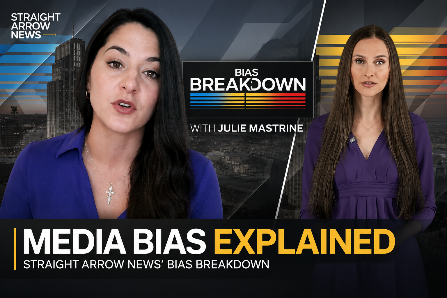 Two women with long brown hair and purple tops presenting on a news broadcast about media bias. The left woman has black hair and a cross necklace. The background features a cityscape at sunset with news graphics and text including "Straight Arrow News," "Bias Breakdown," and "Media Bias Explained."