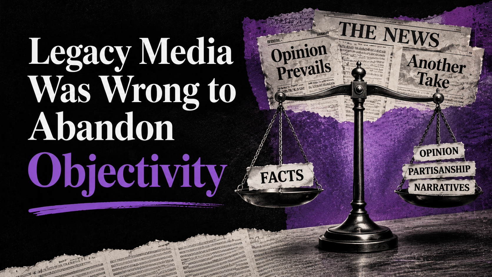 A digital illustration with a black background and purple accents. On the left, bold white and purple text reads: 'Legacy Media Was Wrong to Abandon Objectivity.' On the right, a set of black scales displays two pans: the left labeled 'FACTS' and the right with torn paper labels reading 'OPINION,' 'PARTISANSHIP,' and 'NARRATIVES.' Behind the scales, torn newspaper clippings with headlines like 'THE NEWS,' 'Opinion Prevails,' and 'Another Take' are attached to a purple textured backdrop, symbolizing media and news commentary.