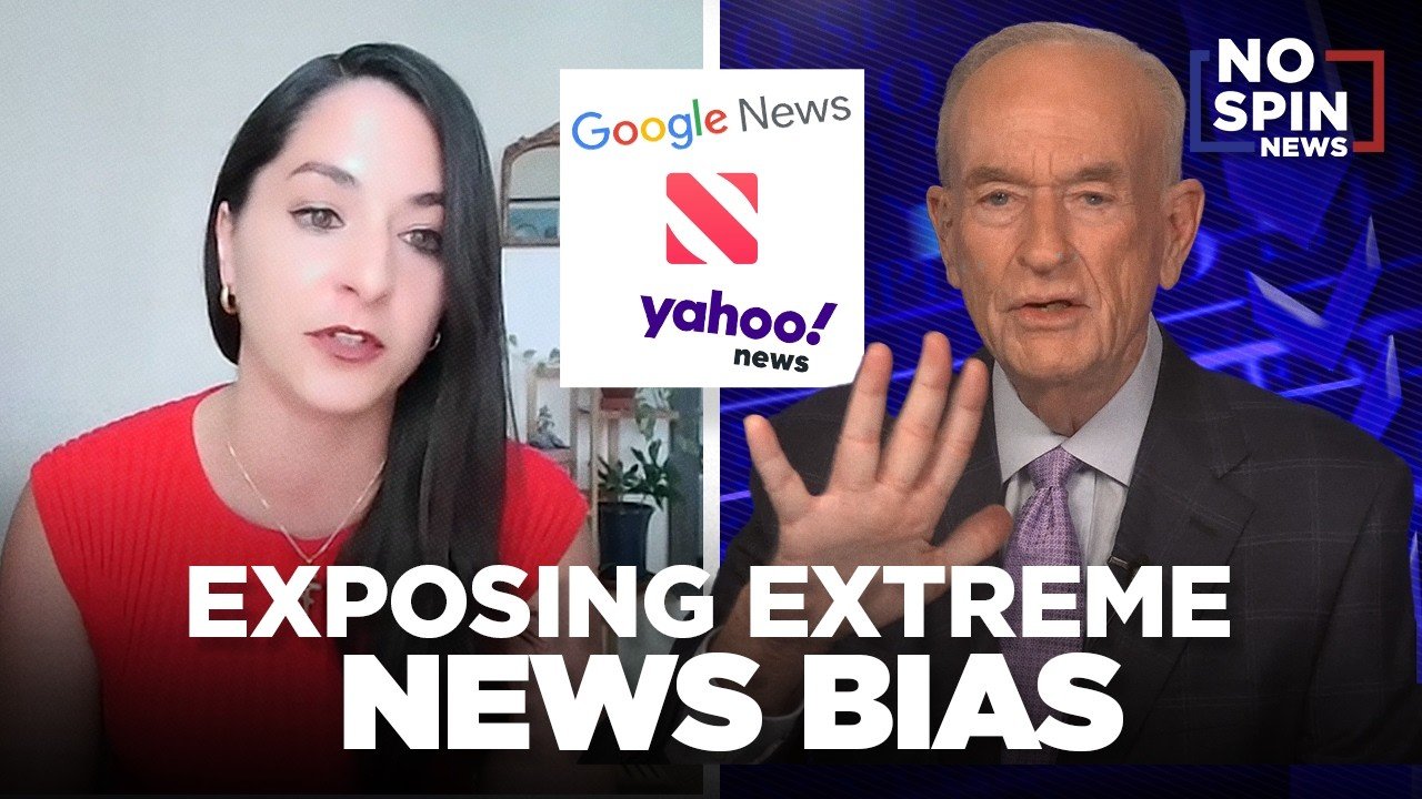 A screenshot from a news show titled 'Exposing Extreme News Bias'. It features a woman in a red top and a man in a suit, with logos of Google News, Netflix, and Yahoo News in the center. The background of the man's side has a blue digital design, and the show's top right corner displays the 'No Spin News' logo.
