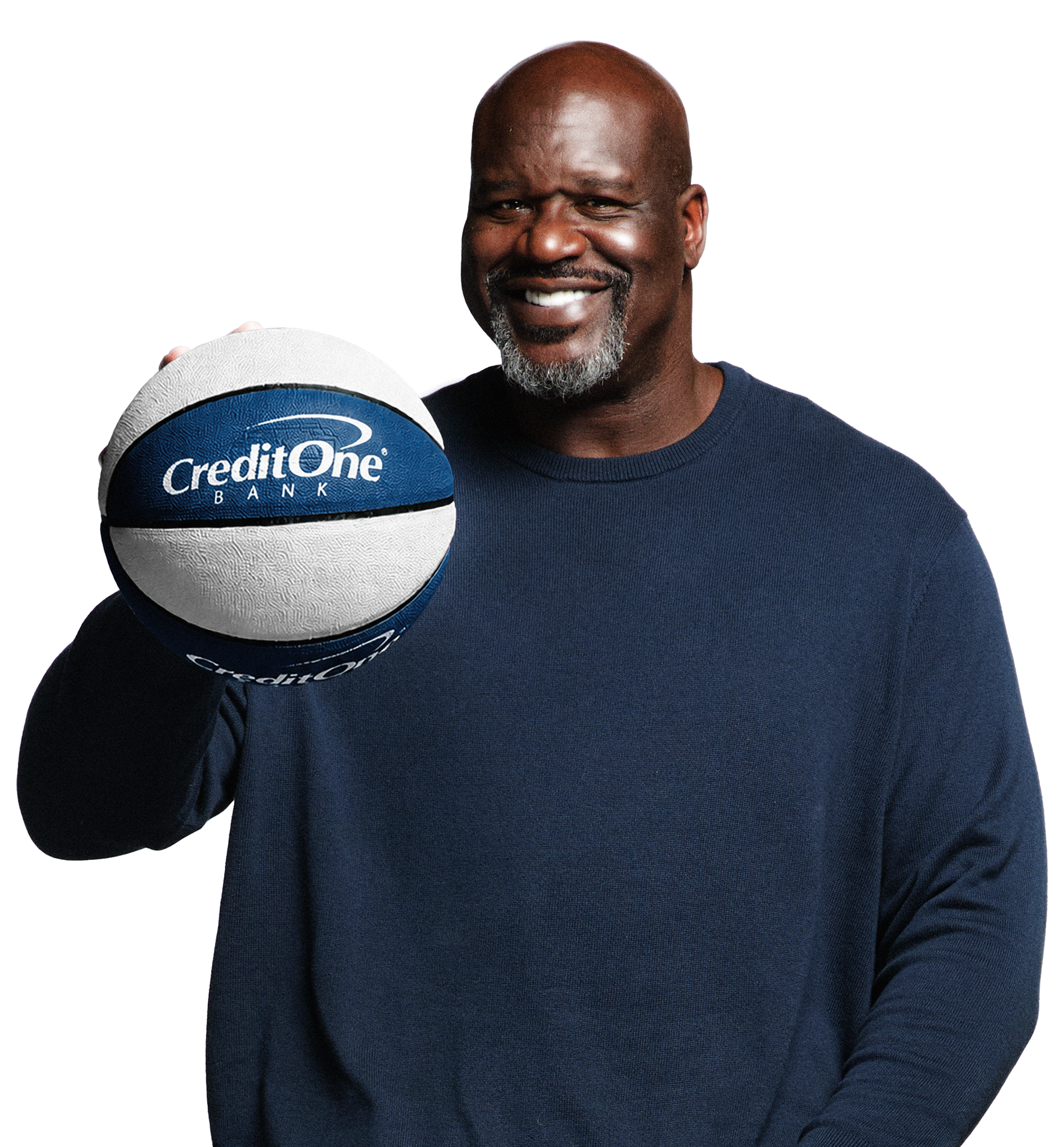 A smiling man with a bald head and a beard holding a blue and white volleyball with the Credit One Bank logo.